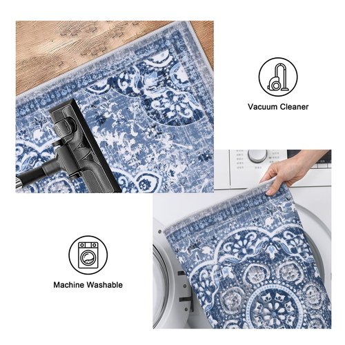 Ileading Boho Kitchen Rugs Sets 3 Piece with Runner Floral Kitchen Floor Mat Carpet Large Farmhouse Kitchen Rugs and Mats Non Skid Washable Runner Rug for Kitchen Floor Office Sink Laundry, Blue