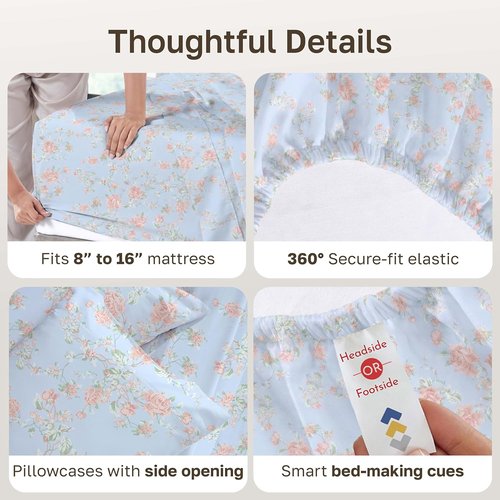 California Design Den Queen Size Bed Sheets Set - 400 TC Soft Cotton, Smooth Sateen Finish, Deep Pockets - Floral Blue/Pink