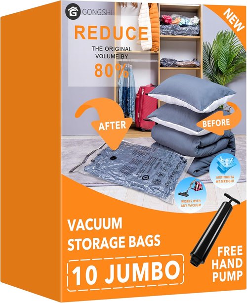 GONGSHI Vacuum Storage Bags - Jumbo Space Saver Seal Bags for Clothing, Blankets & Luggage | 10 Pack