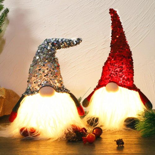 Juegoal 12" Lighted Christmas Gnome - Handmade Scandinavian Tomte with Sequins Hat | Battery Operated Holiday Decor (Set of 2)