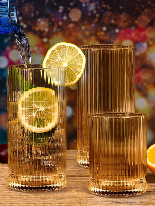 megarte Ribbed Glassware Vintage Drinking Glasses 12Pcs Set （6 Highball Glasses 16Oz And 6 Rocks Glasses 13Oz） Amber Ribbed Glass Cups For Iced Coffee, Cocktails, Juice, Beer, Everyday Drinking