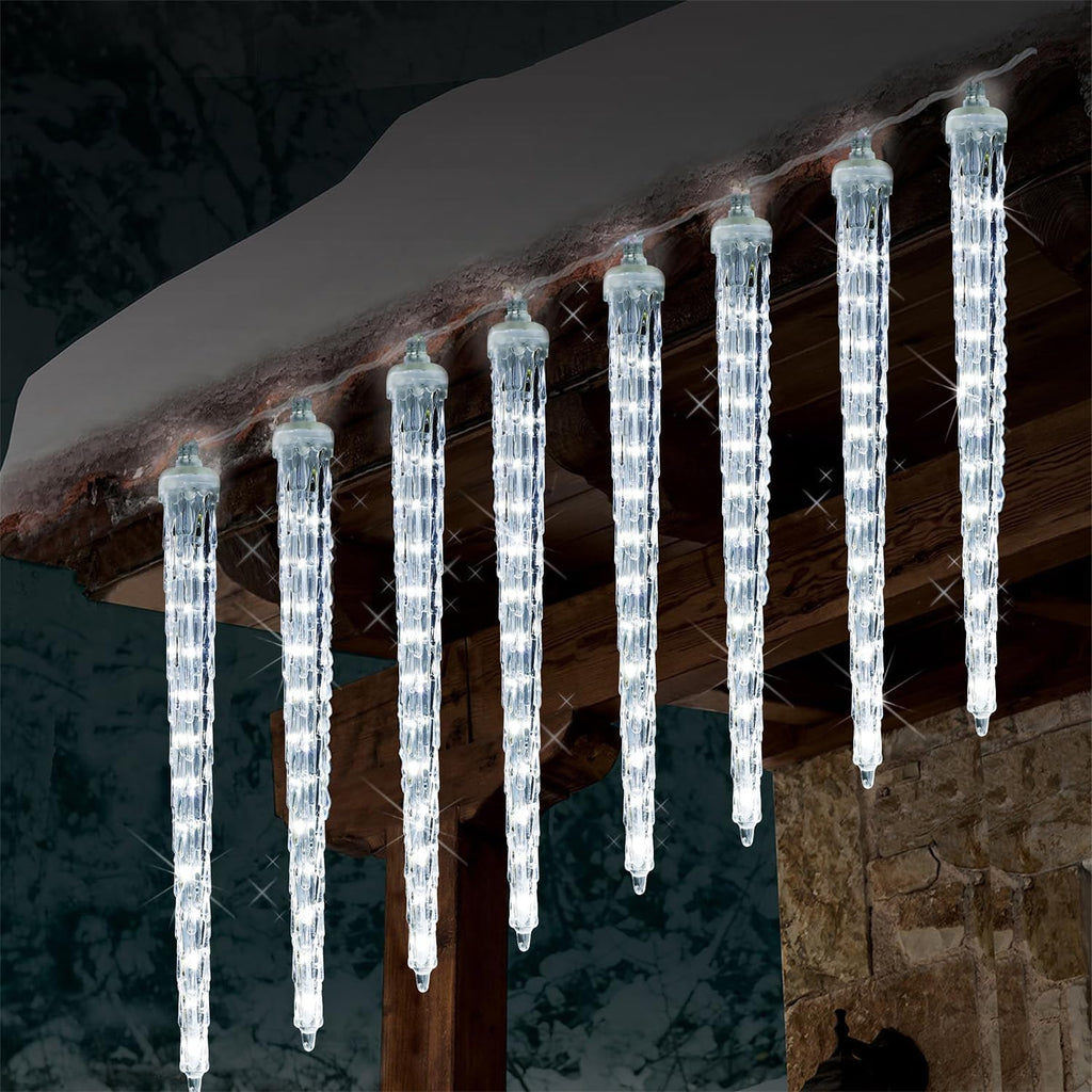 WATERGLIDE 16 Icicles Meteor Shower Lights - 12" Connectable Outdoor Christmas Lights | 384 SMD LED White Decor