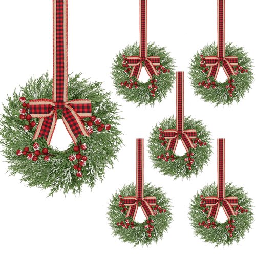 6 Pcs 14 Inch Small Christmas Wreath, Christmas Wreaths for Windows, Winter Mini Wreaths Christmas, Cabinet Wreaths for Kitchen, Window Decorations for Front Door Candle Rings Outdoor Indoor