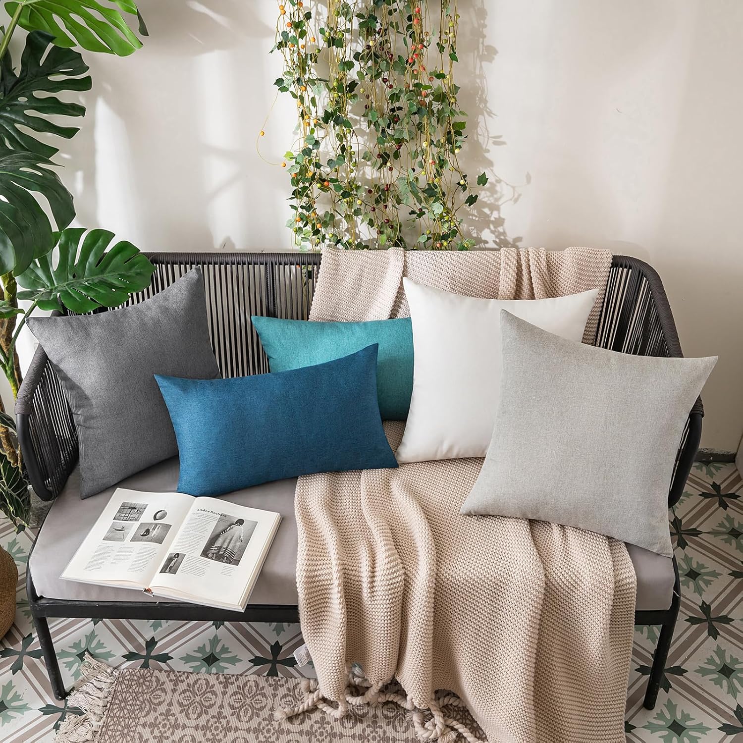 MIULEE Decorative Outdoor Throw Pillow Covers - Waterproof Faux Linen Cushion Cases | 22x22 Inch Light Grey - Set of 2