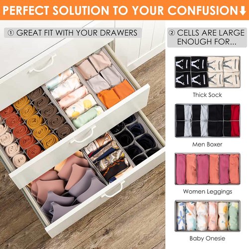 Criusia Sock Organizer - 6 Pack Foldable Drawer Dividers for Clothing, Baby Clothes, and Accessories | Grey