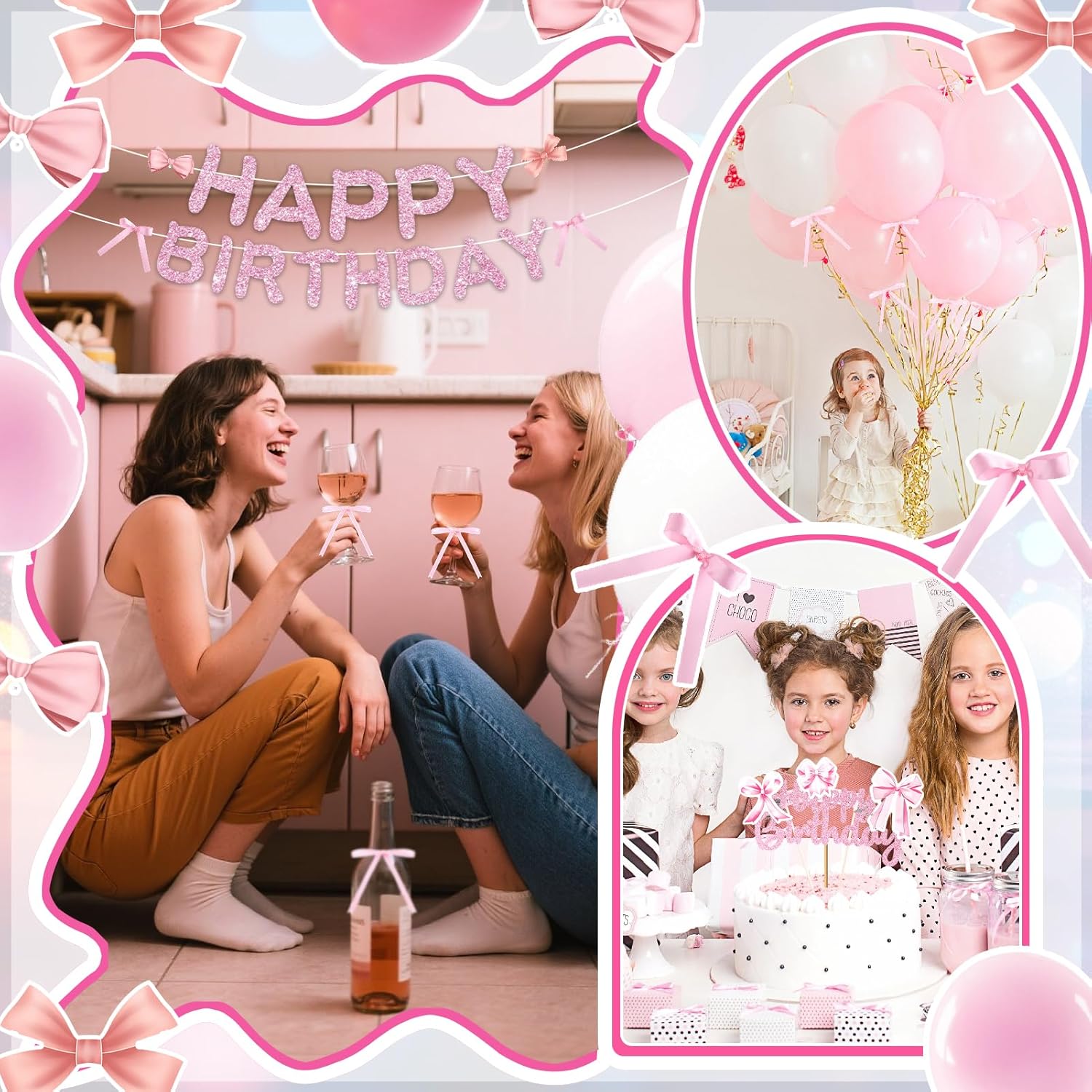 Tmtains 21Pcs Pink Bow Cake Toppers - Glitter Happy Birthday Sign & Cute Party Decorations