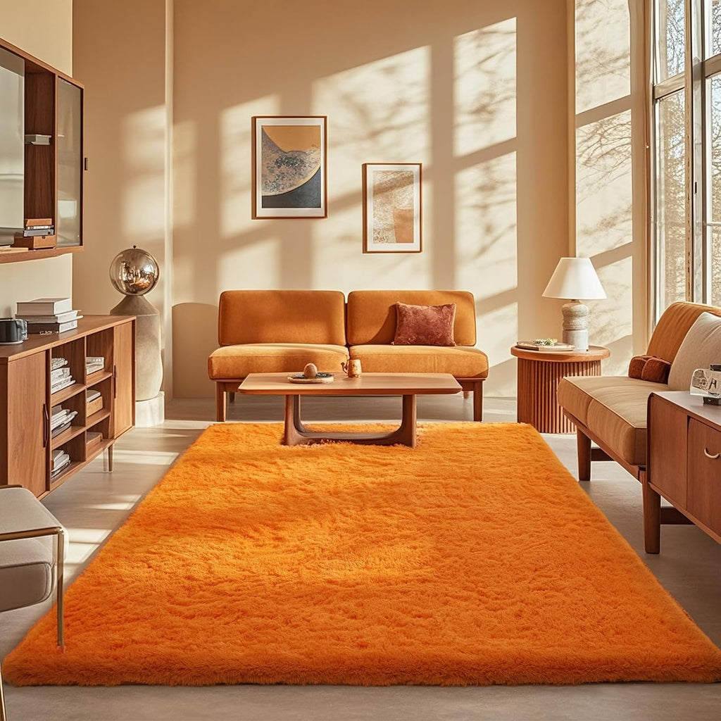 Ophanie Orange Area Rug - Plush 5x8 Fluffy Carpet for Living Room & Bedroom Decor | Soft Shaggy Design