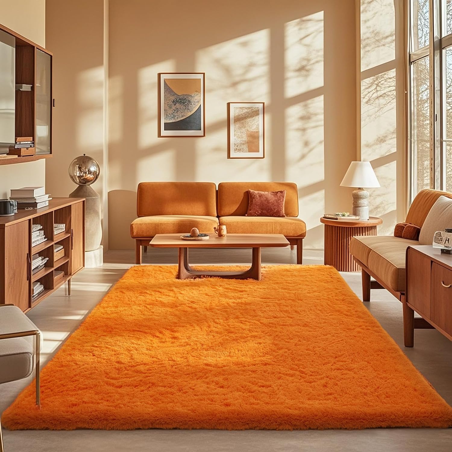 Ophanie Orange Area Rug - Plush 5x8 Fluffy Carpet for Living Room & Bedroom Decor | Soft Shaggy Design