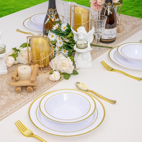 realluck 50 Pack Disposable Soup Bowls with Gold Rim,12oz Disposable Soup Bowls,Disposable Soup Dessert Salad Bowls for Wedding/Party/Catered Events