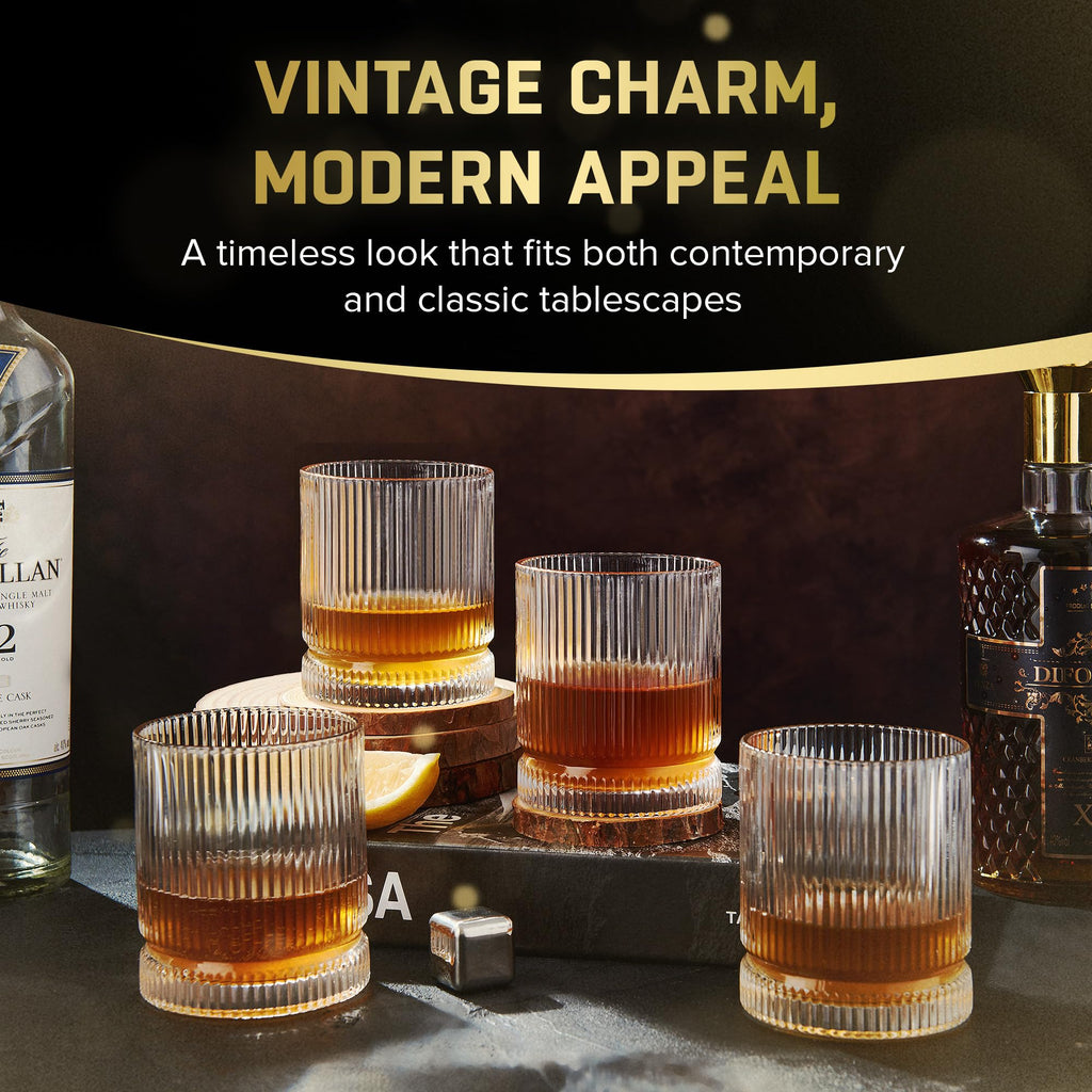 VUNDO Ribbed Whiskey Glasses Set of 8, 12 Oz Lead-Free Crystal Heavy Base Barware Glass, Perfect for Bourbon Rocks Cocktail Scotch Drinking