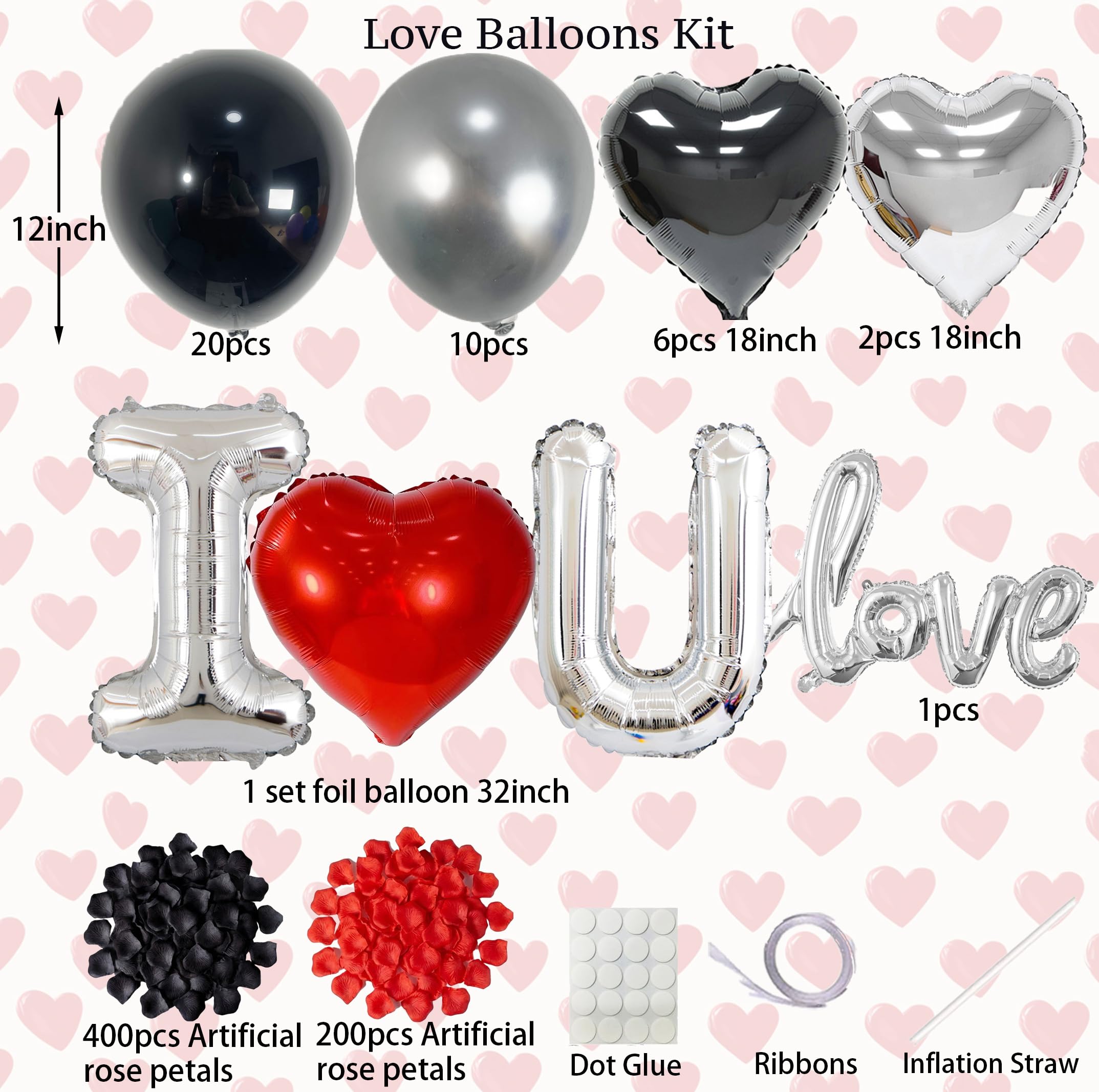 Black Silver Romantic Special Night Decorations with I Love You and Heart Balloons & 600 Rose Petals for Anniversary, Valentine Day, Bedroom, Hotel Room, Birthday Decorations for Him
