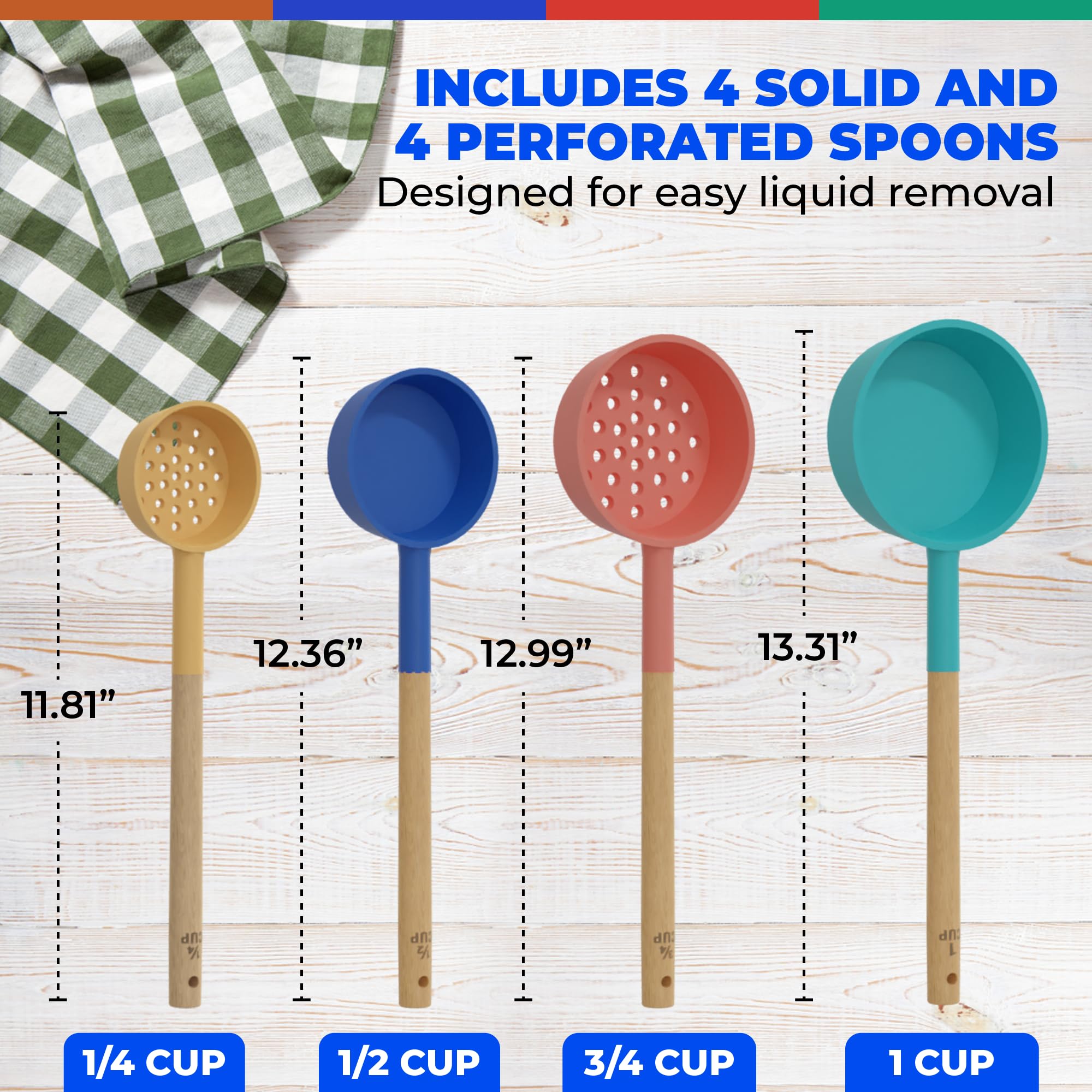 Silicone Portion Control Serving Spoons - 8 Pack: 4 Slotted, 4 Solid, 2 oz, 4 oz, 6 oz, 8 oz - Essential Gastric Bypass Must Haves Spoodle Diet Food Measuring Scoop Weight Loss Surgery Utensils Cups