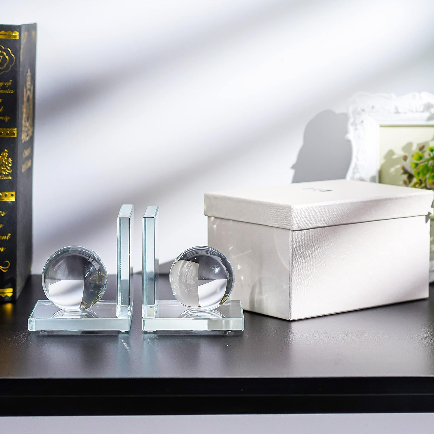 Skiennix Crystal Bookends - L-Shape Non-Skid Heavy-Duty Book Holders | Clear 4-Inch Decorative Ornaments