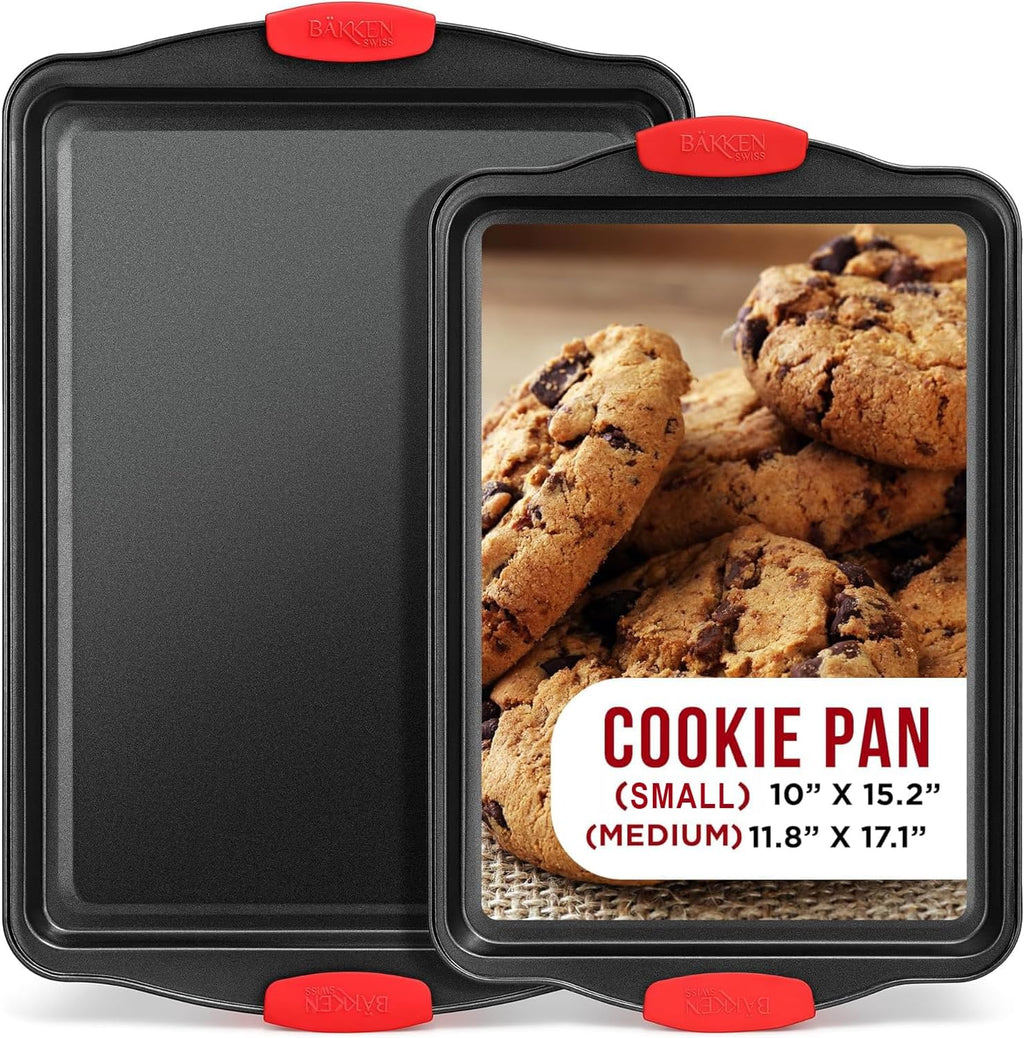 Skiennix Nonstick Carbon Steel Bakeware Set - Professional Quality Kitchen Trays | PFOA-Free, Red Silicone Handles