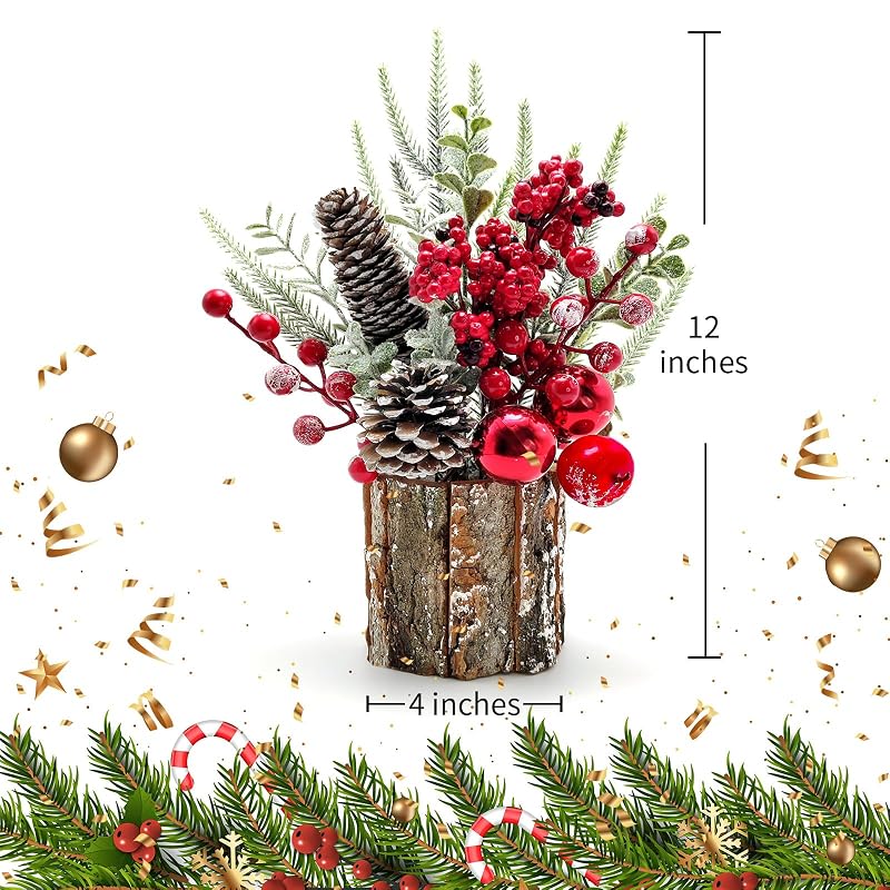 Small Christmas Tree - Artificial Mini Tabletop with Red Berries & Pine Cones (Variation: Red)