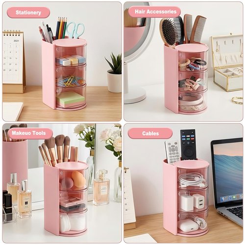 Hair Accessories Organizer with Hair Brush Holder,3-Layer Rotatable Makeup Organizer Box Jewelry Storage Box for Necklaces, Earring, Bracelet, Ring, Makeup Brushes, Hair Clip, Desktop Organizer Case