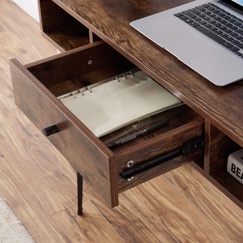 VECELO 39.3" Home Office Work Table with Drawers,Computer Desk with Hairpin Leg for Writing/Study,Classic Brown