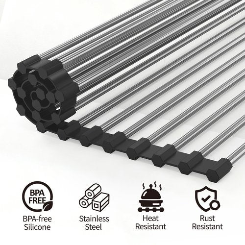 Yohslqo Dish Drying Rack with Roll Up and Over Sink for Kitchen 17"X11.8" (Black 17"x11.8")