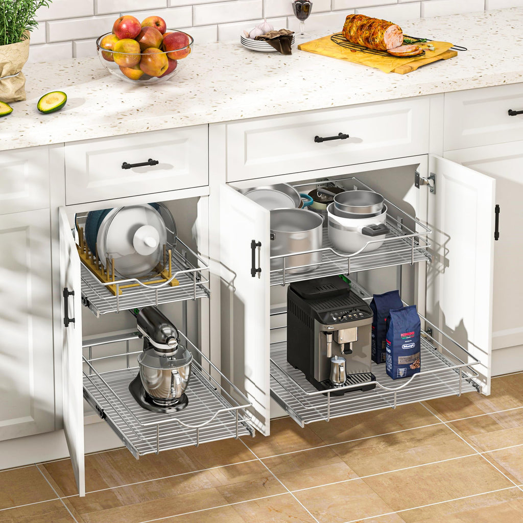 WelFurGeer 2-Tier Kitchen Cabinet Pullout Shelf and Drawer Organizer, Soft Close Pantry Pull Out Shelves, Heavy Duty Pull Out Cabinet Organizer with Shelf Liner for Kitchen Cabinets, Pantry Storage