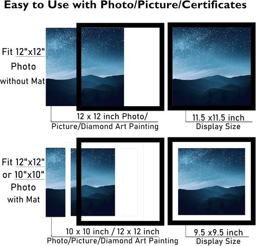 JCJMY 12x12 Picture Frame - Versatile Display for 10x10 or 12x12 Art | Black Wall Hanging with Plexiglass
