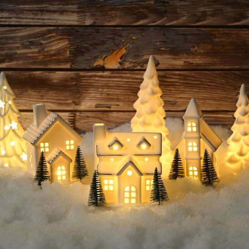 AOMOONOA Ceramic Christmas Village Houses - 3-Piece Light-Up Porcelain Set with 6 Trees | Holiday Home Decor