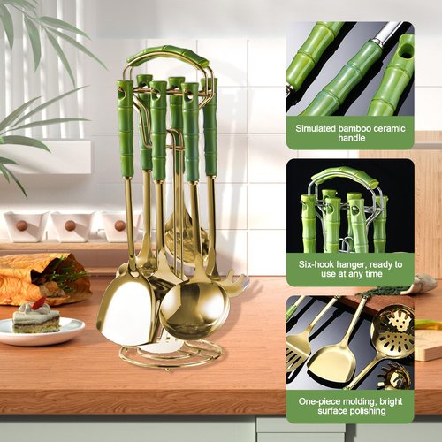 KEJJRIUTN 9 Piece Kitchen Utensil Set, Kitchen Accessories for Cooking, Gold Stainless Steel with Green Handles, Cooking Tools with Stand