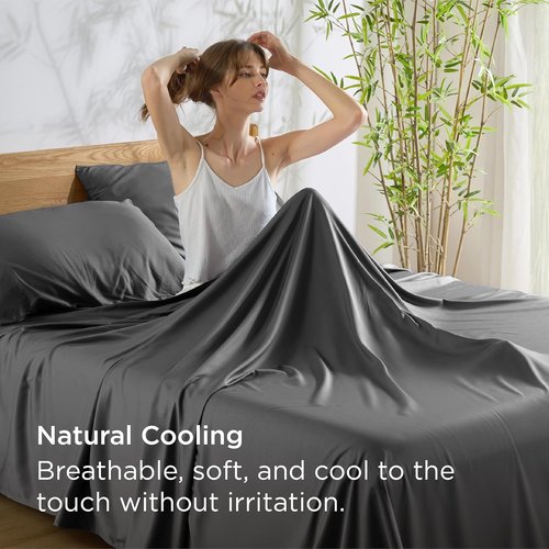 Bedsure Cooling Bed Sheets - Rayon from Bamboo, Breathable & Soft, Deep Pocket Up to 16 Inches, Grey