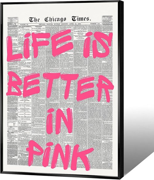 Life Is Better In Pink Canvas Poster - Retro Newspaper Design | Positive Affirmation Art 12x16in Unframed