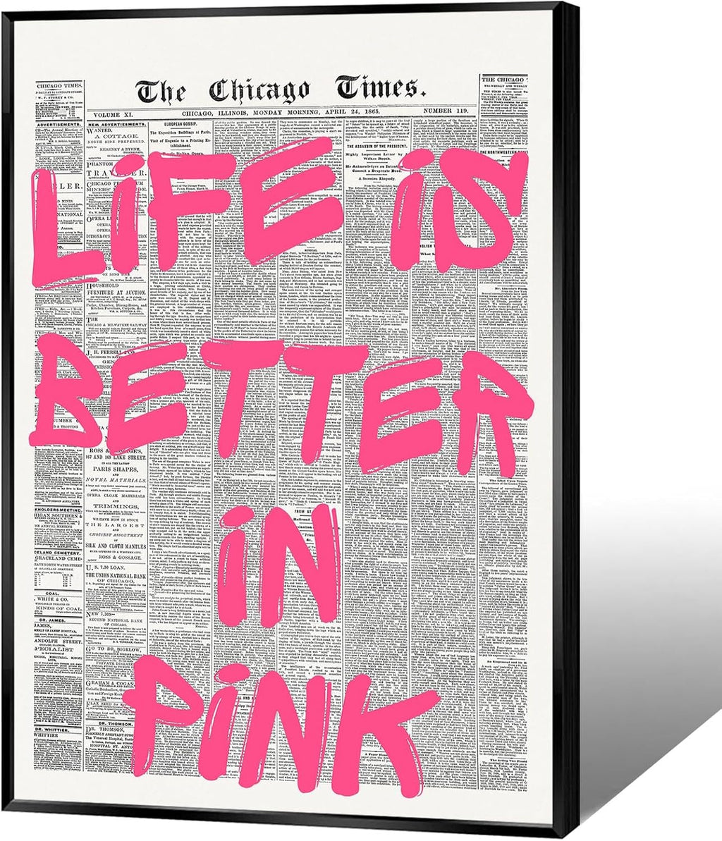Skiennix Pink Wall Art - Retro Newspaper Canvas Poster with Positive Quote | Minimalist 16x24in Decor