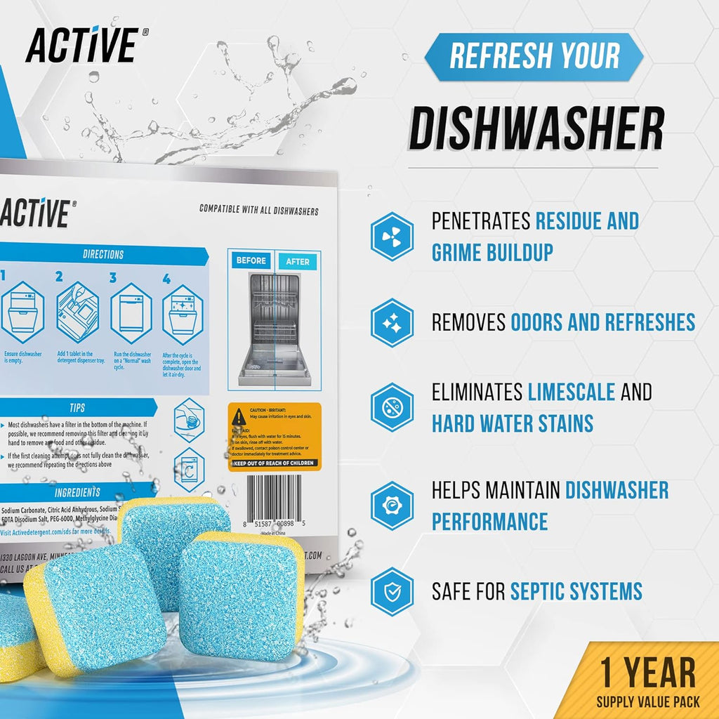 Skiennix Dishwasher Cleaner Tablets - Heavy Duty Deodorizer & Limescale Remover | 24 Pack, Septic Safe