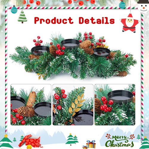 Brightown Christmas Candle Holder - 20.5” Iron Design with Pine Needles, Red Berries & Gold Accents