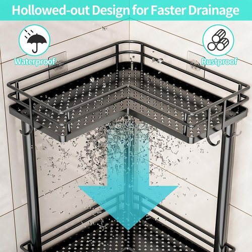 HapiRm Corner Shower Caddy - 3-Tier Rustproof Bathroom Organizer with Soap Holder & 4 Hooks, Black