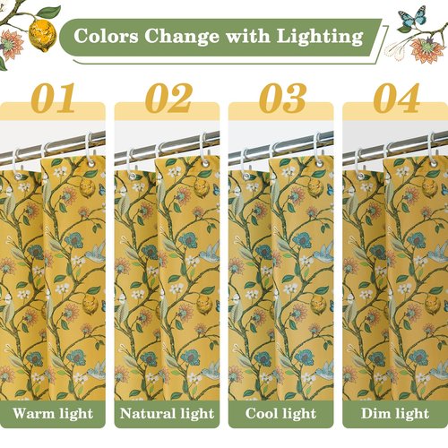 Fammio Floral Bird Shower Curtain, Boho Yellow Shower Curtain 72x72, Hummingbird Jungle Victorian Farmhouse Botanical Shower Curtain for Bathroom, Chic French Country Style