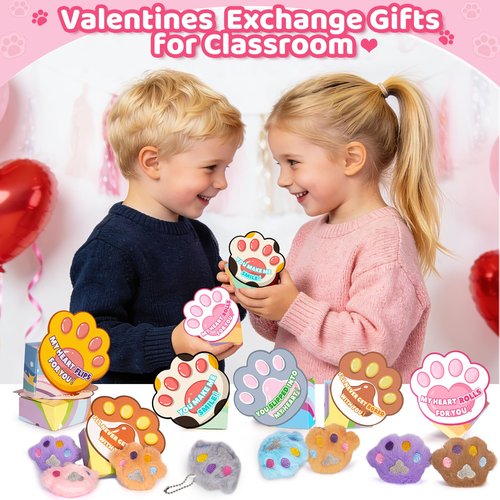 24 PCS Kids Valentines Day Cards with Stuffed Cat Paws Toys, Valentines Day Gifts for Kids Classroom, Animal Plush Toy for School Valentines Gifts Exchange, Valentine Party Favors Supply for Boys Girls