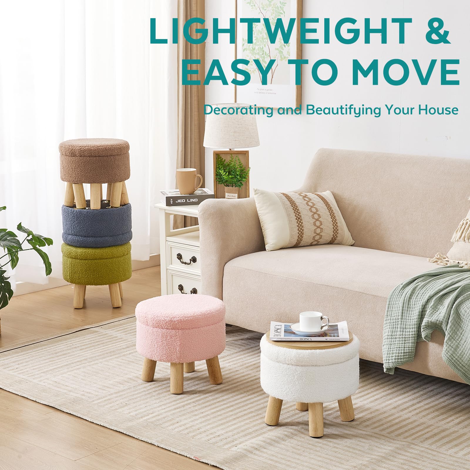 FIMIVIBI Small Ottoman with Storage, Small Storage Ottoman Round, Sherpa Foot Stool with Legs, Ottomans and Footstools for Living Room and Entryway (White)