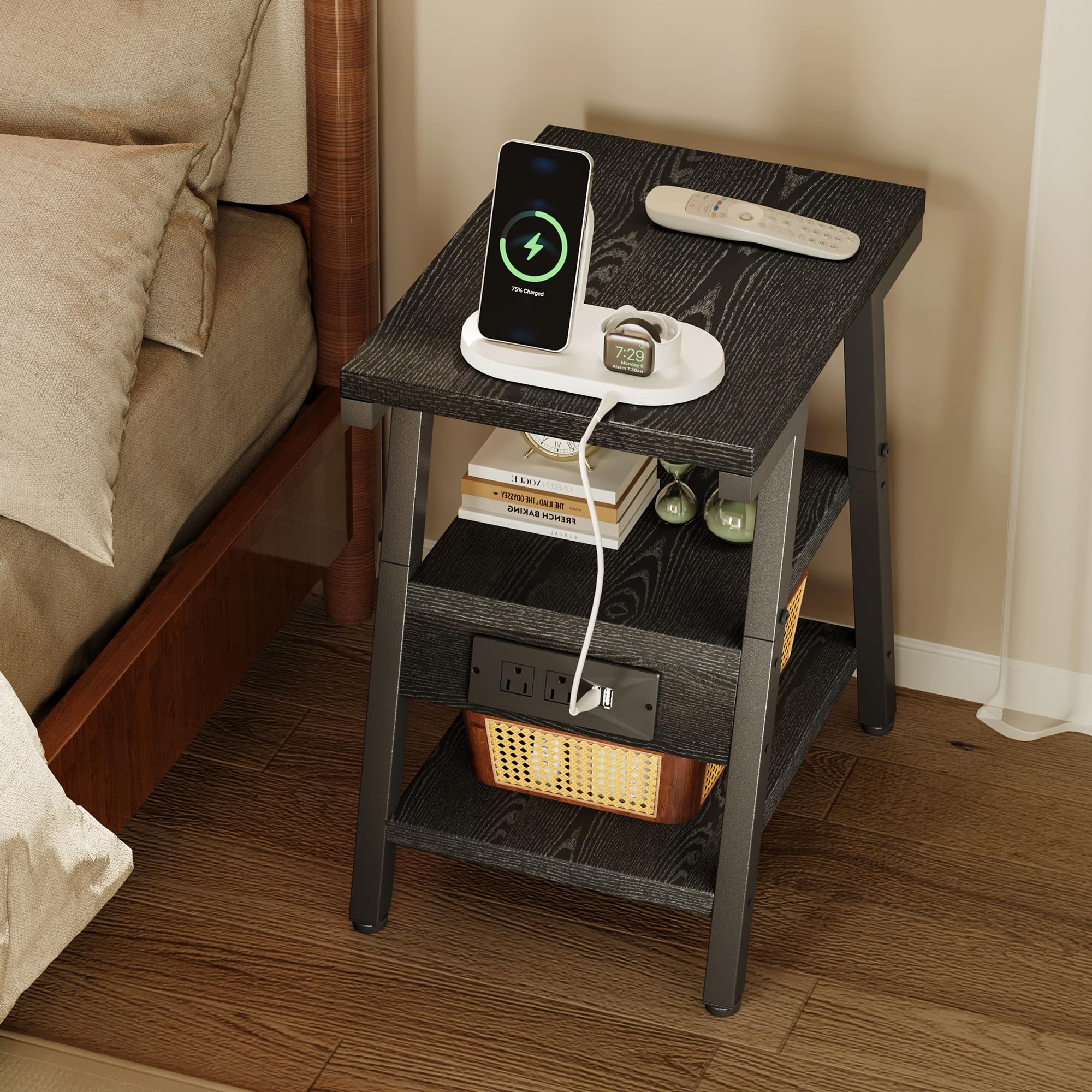 SIde Table with Charging Station, Small End Tables with Lucky 7 Metal Shape, 3-Tier Nightstand with Outlets and USB Ports, Adjustable Leveling Feet, Side Table for Living Room, Bedroom (Rustic Brown)