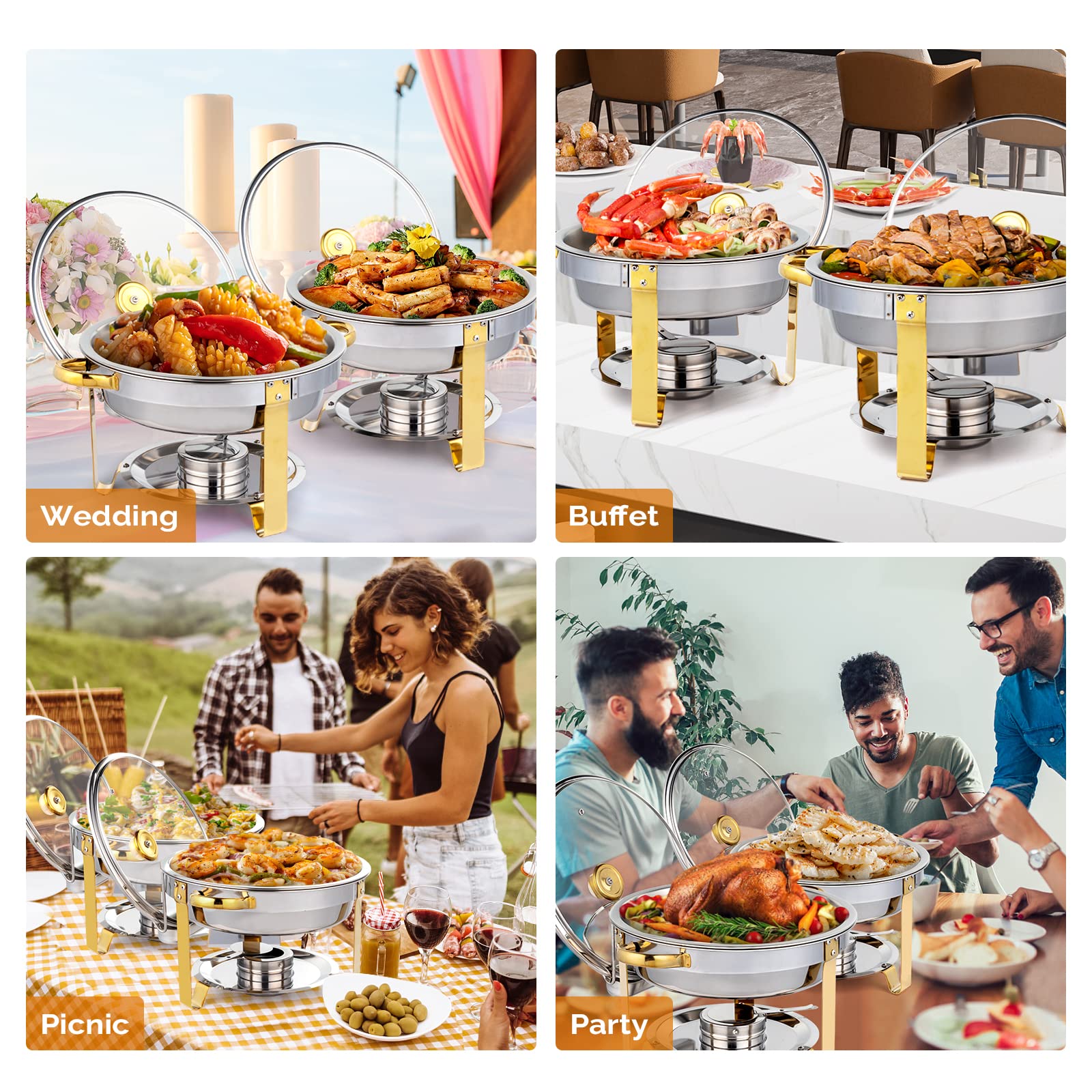 ROVSUN 5QT 2 Packs Chafing Dish Buffet Set Gold Accent, NSF Round Stainless Steel Buffet Warmer Chafers and Buffet Warmers Sets with Glass Lid & Lid Holder for Catering Events Parties Weddings Dinners