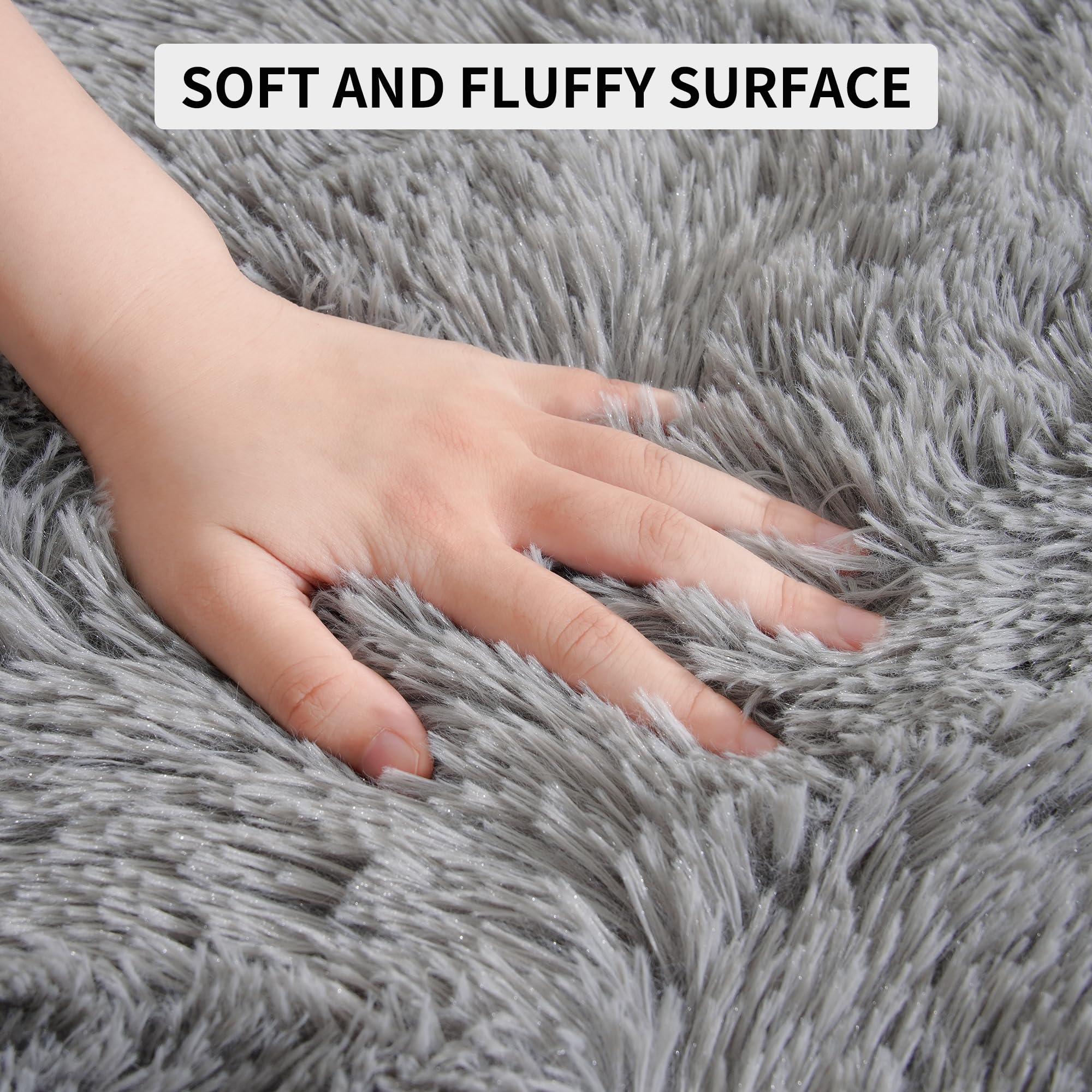 Tepook Fluffy Large Rugs for Living Room, Shag Area Rug 6x9 Soft Carpet for Bedroom, Modern Shaggy Rug for Kids Boys Girls, Plush Indoor Nursery Home Decor Rug with Non-Slip Bottom, Grey, 6 X 9 Feet
