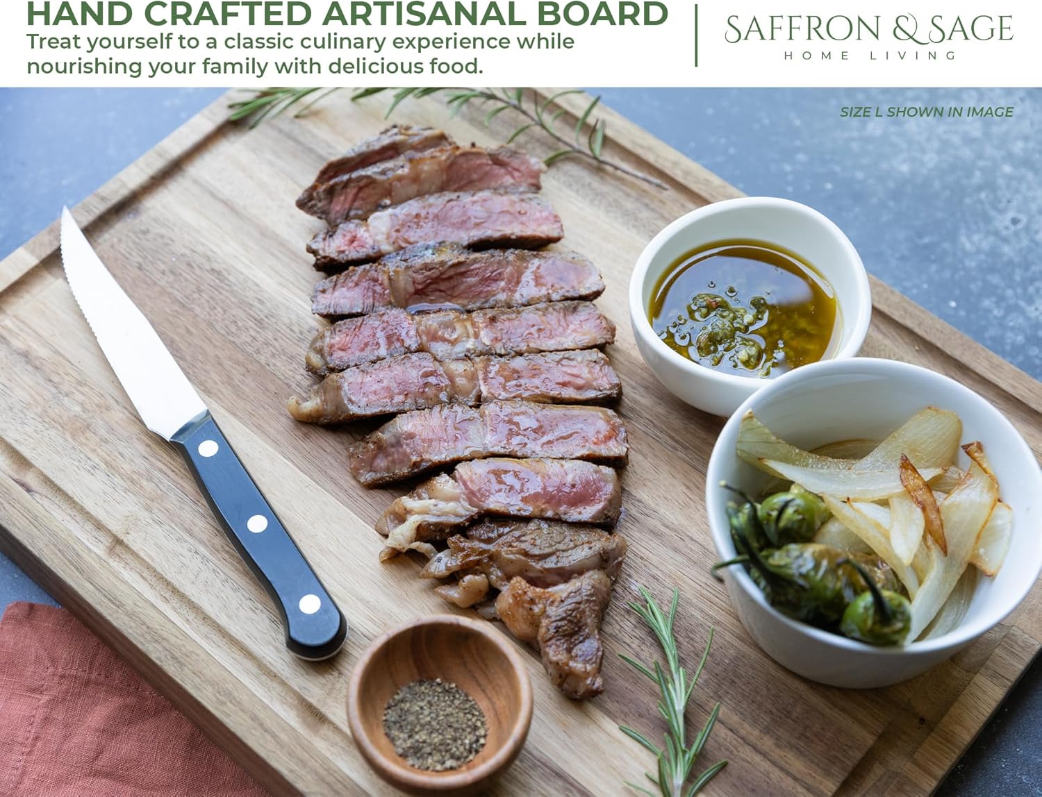 Saffron & Sage Large Wood Cutting Board - Thick 16 x 12 x 1.5 Inch Acacia with Deep Juice Groove | Reversible Chopping & Charcuterie Board