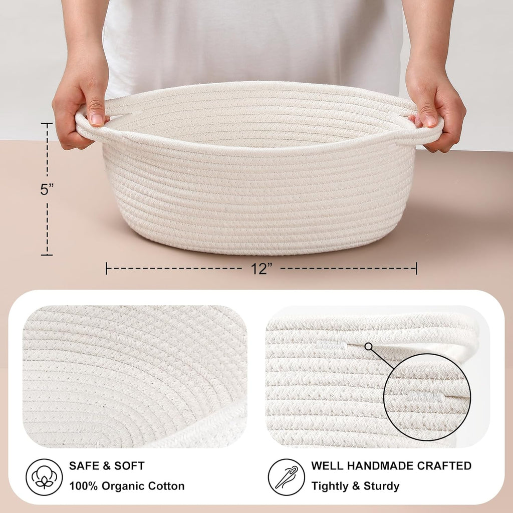 Skiennix 2-Pack Small Woven Baskets - Decorative Cotton Rope Storage Bins with Handles | 12"x8"x5", White