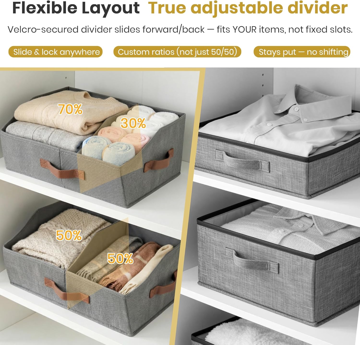 Skiennix Trapezoid Storage Bins - Upgraded Height with Handles & Adjustable Dividers | 6-Piece Set, Medium, Ivory