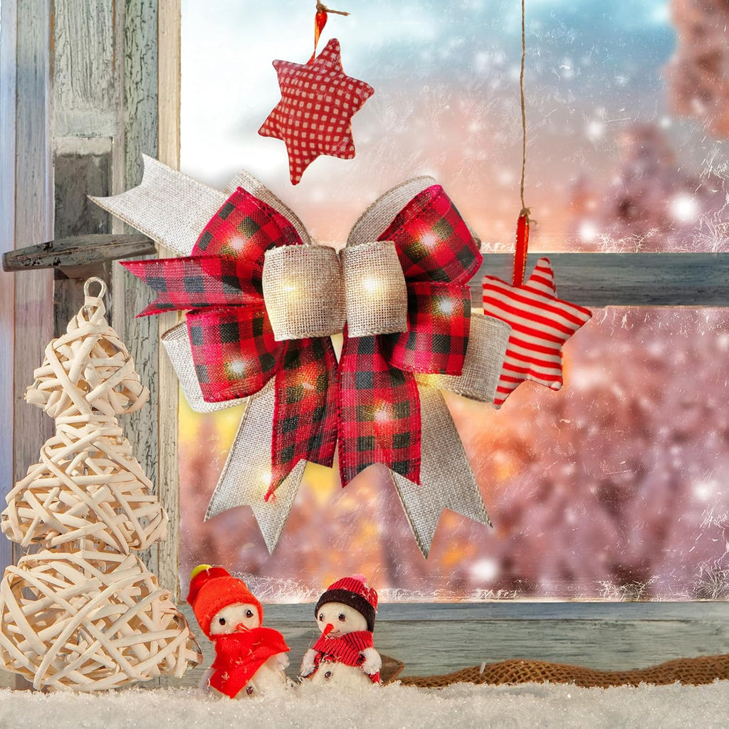 SIMISI Ribbon LED Christmas Bow - Rustic Buffalo Plaid Burlap with Lights | 9.5 x 13 Inch