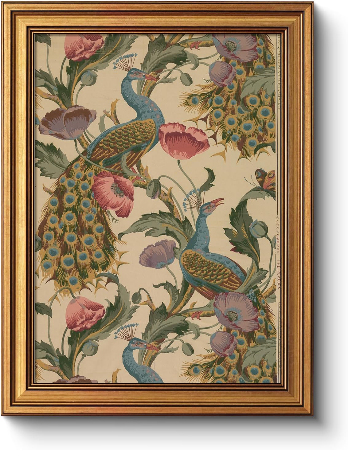 Vintage Golden Framed Canvas Wall Art - Peacock & Poppies Floral Print | 12x16 Inch Decor for Bedroom & Living Room