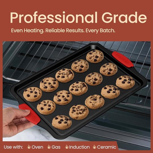 BAKKEN Nonstick Baking Pan - Durable Carbon Steel Cookie Sheet with Red Silicone Handles | 15.15 x 10.03" Oven Safe Up to 450°F