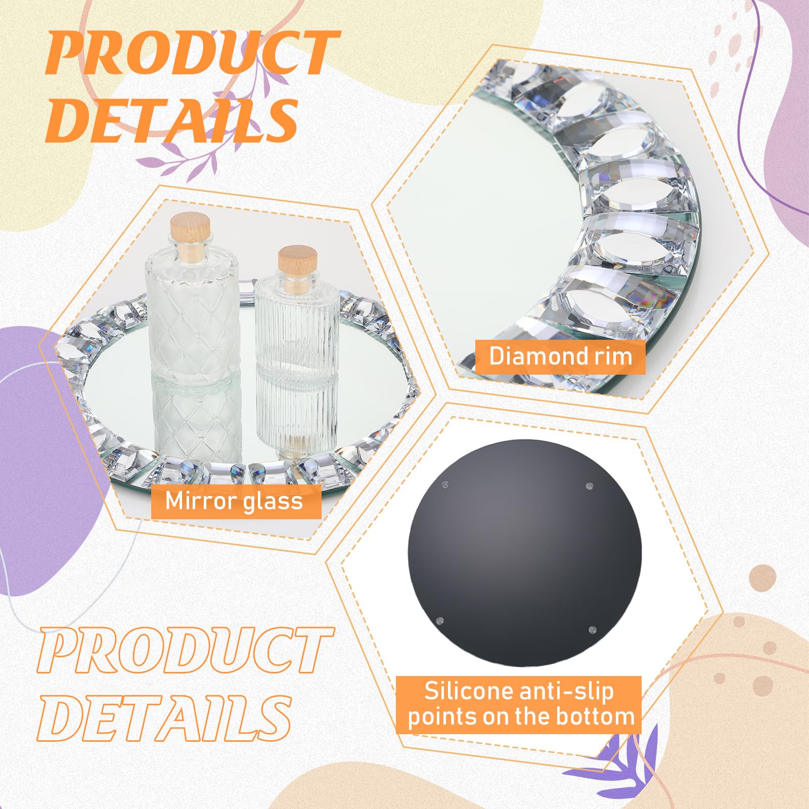 Suclain 6 Pcs Mirrored Glass Charger Plates 13 Inch Silver Mirror Plates Round Chargers for Dinner with Diamond Rim Settings for Wedding Birthday Party Events (Square Diamond Rim)