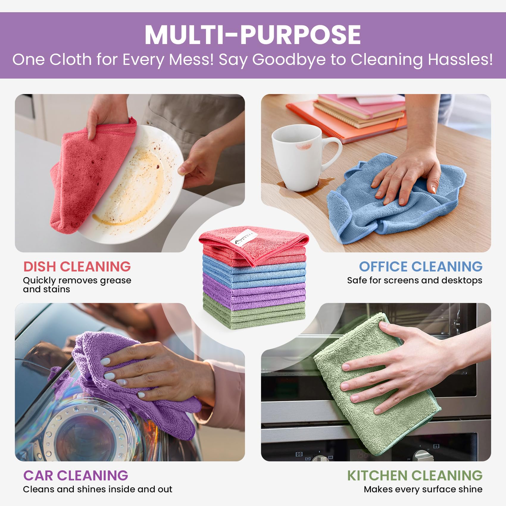 SIFANGKE Microfiber Cleaning Cloth, 12 Pack Assorted Color Cleaning Rags for Housekeeping, Colorful Reusable Microfiber Towels for Car, Kitchen, Bathroom and Household Cleaning Supplies, 11.8"X11.8"