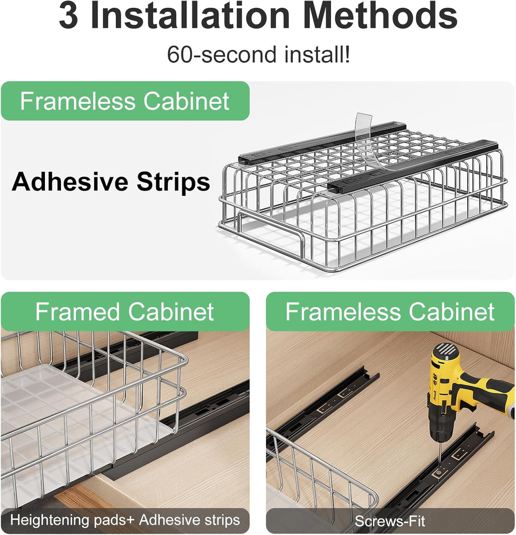 Pull Out Cabinet Organizer by Regine Switzerland - Stainless Steel 2-Pack Drawer with Silent Slides | Ideal for Kitchen, Pantry & Bathroom