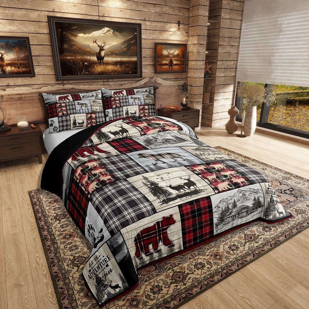 Rustic Cabin Comforter Set Full Woodland Wolf Deer Bear Comforter For Kids Adults,Red Black Buffalo Plaid Bedding Set Wildlife Camping Lodge Mountain Quilt Bedding Southwestern Farmhouse Decor