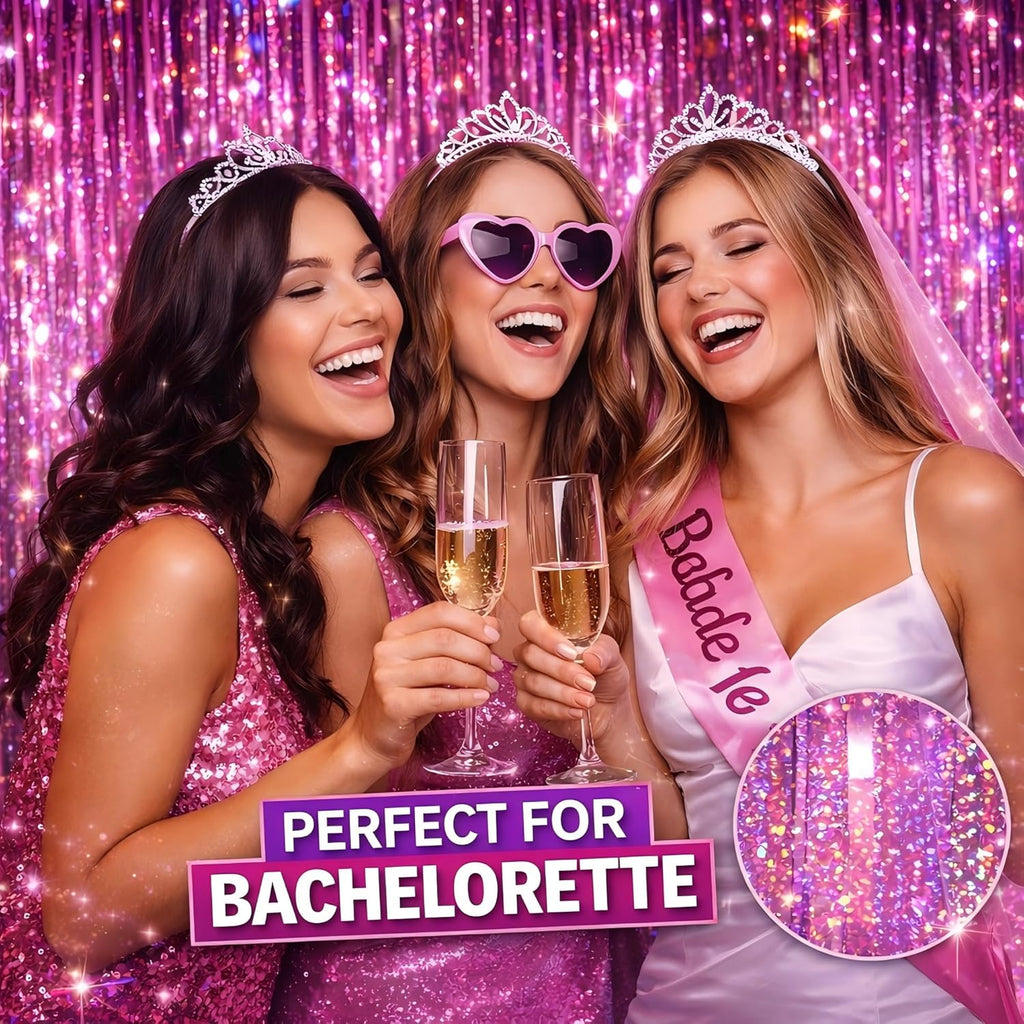 Melsan Pink Foil Fringe Curtain - Shiny Tinsel Backdrop for Bachelorette Parties | 3 Pack, 3.2 x 8.2 ft