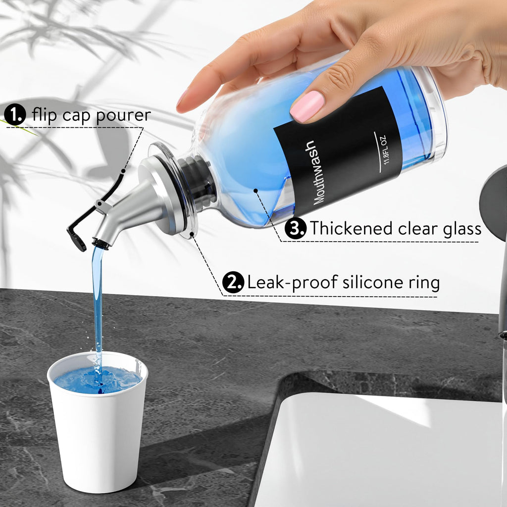 Moforoco Glass Mouthwash Dispenser with Toothbrush Holders, 11.8Oz Mouth Wash Bottle Container with Cup Holder, Funnel, Labels, and Drying Stone Tray, Bathroom Decor Accessories Set, Black